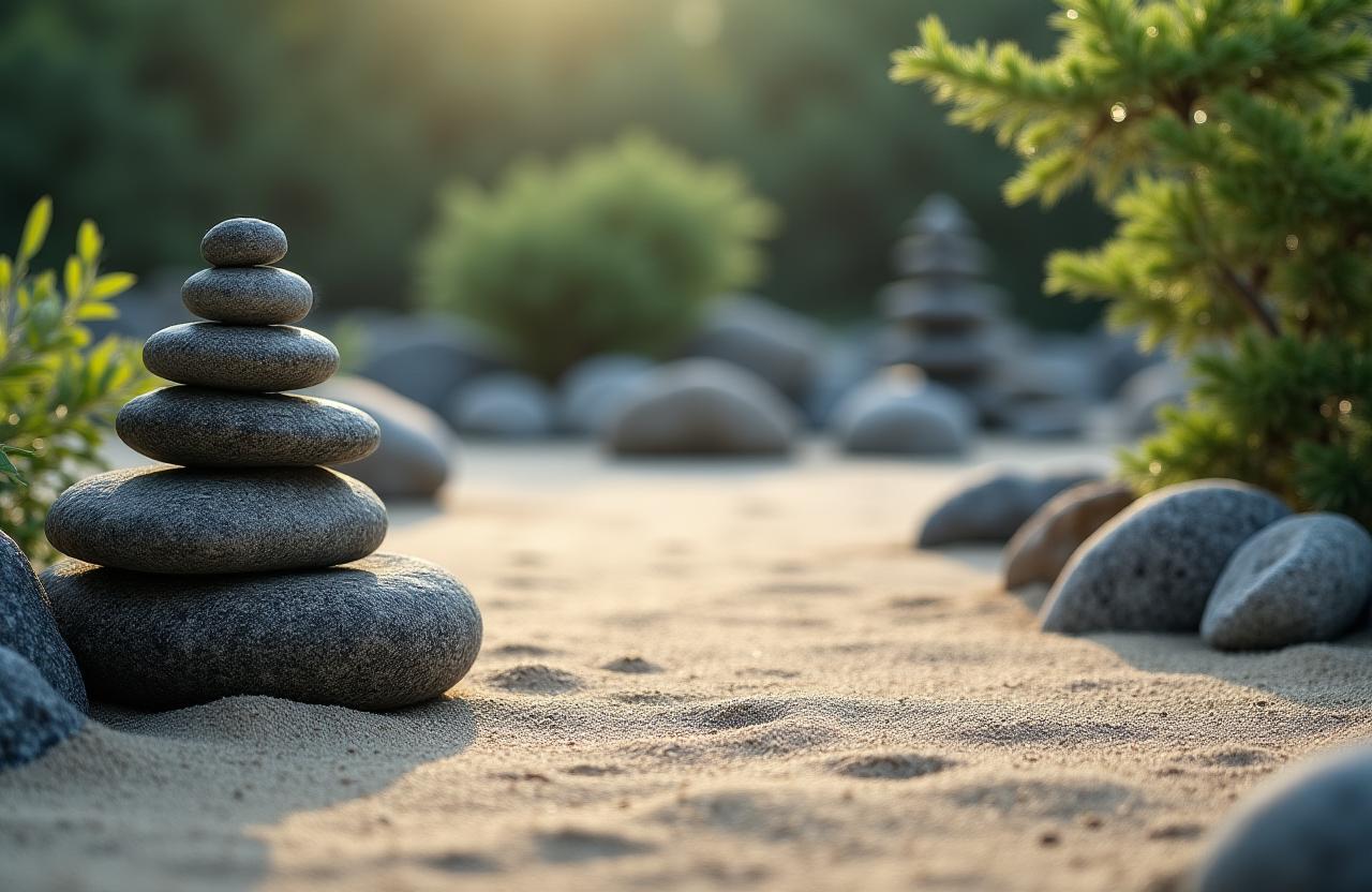 A serene view of a Japanese rock garden with soft morning light.